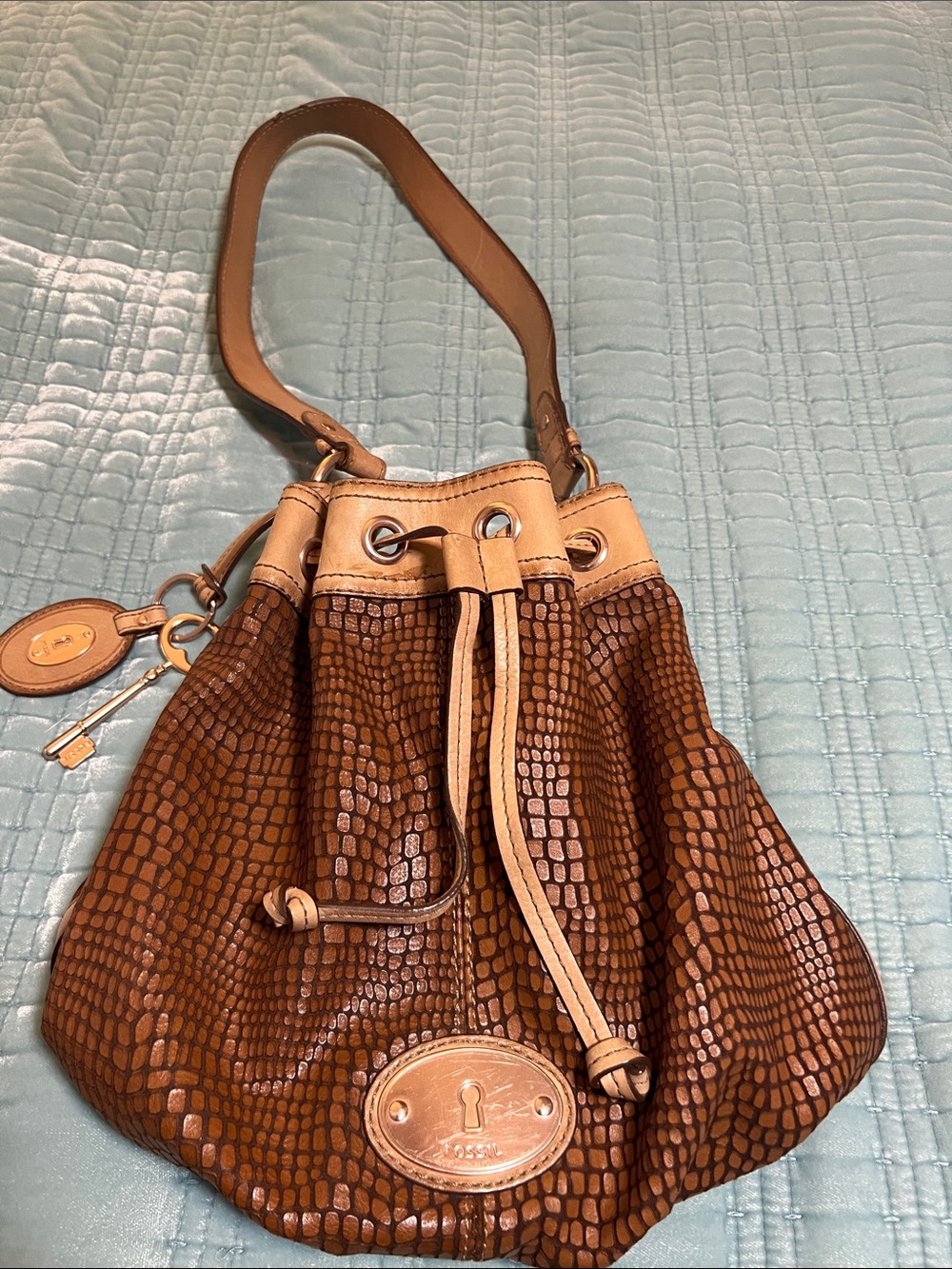 Designer Fossil Maddox Brown & Tan Drawstring Shoulder Bag